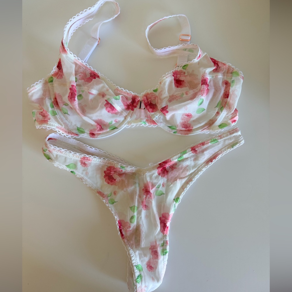 Lounge Underwear Sheer Floral Lace Lingerie Set - Pink & Green